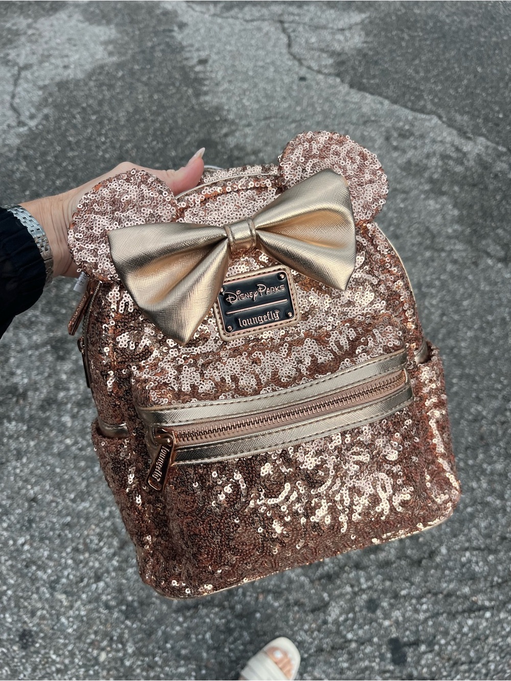 Loungefly Rose Gold Sequin Mini Backpack with Metallic Bow